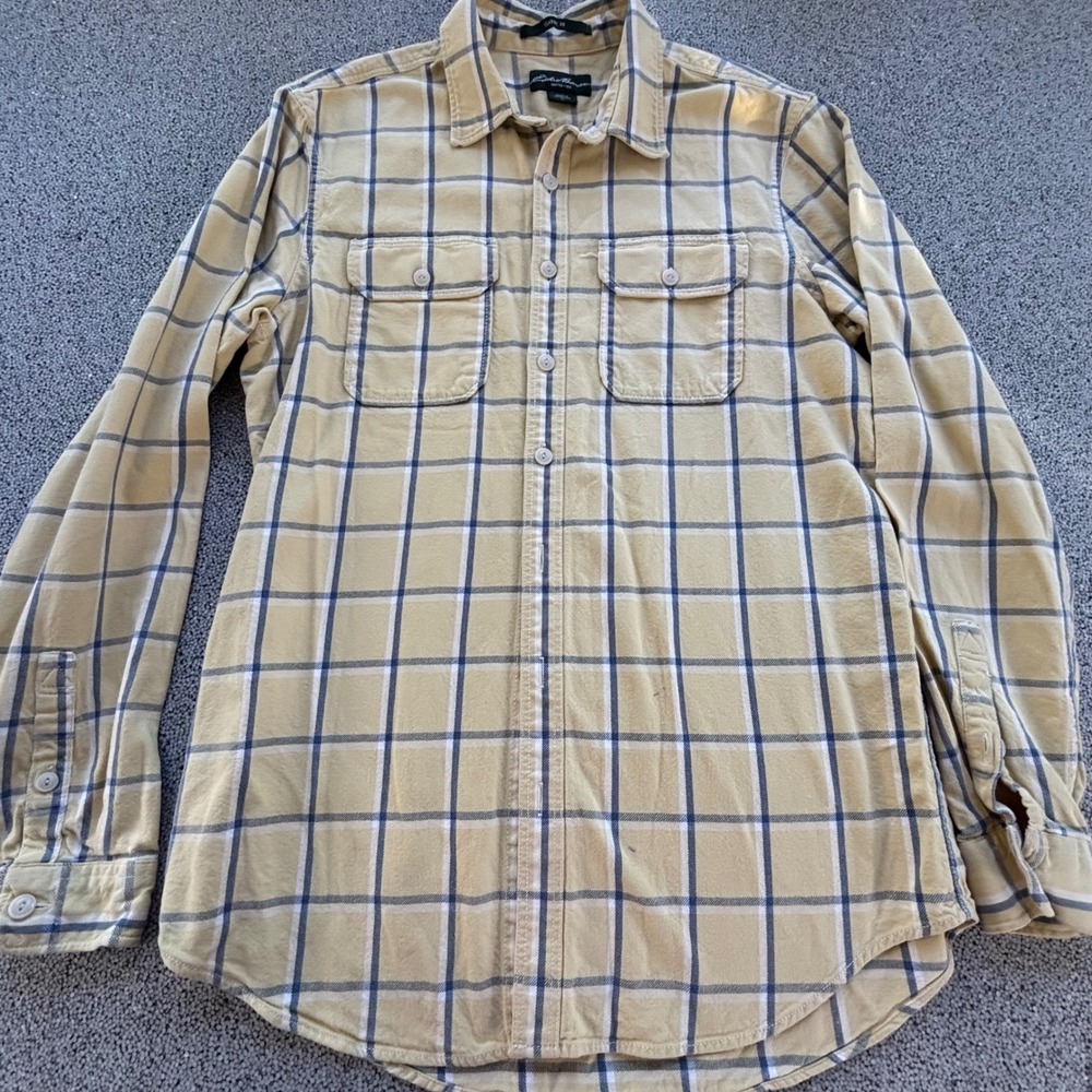 VTG Eddie Bauer Button Down Men L Tall Yellow Plaid Classic Fit Flannel Gorpcore - Picture 2 of 9
